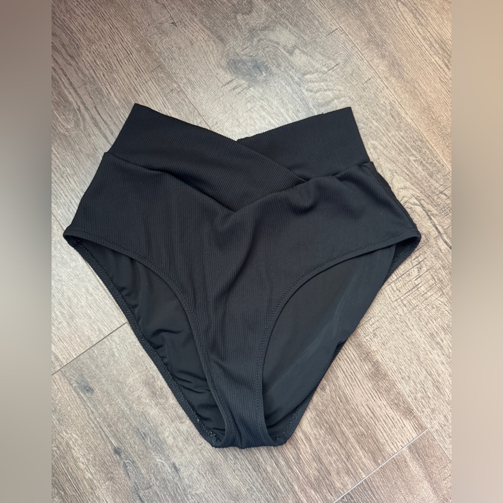 Aerie Black Ribbed Crisscross High-Waisted Black Bikini Bottoms Medium